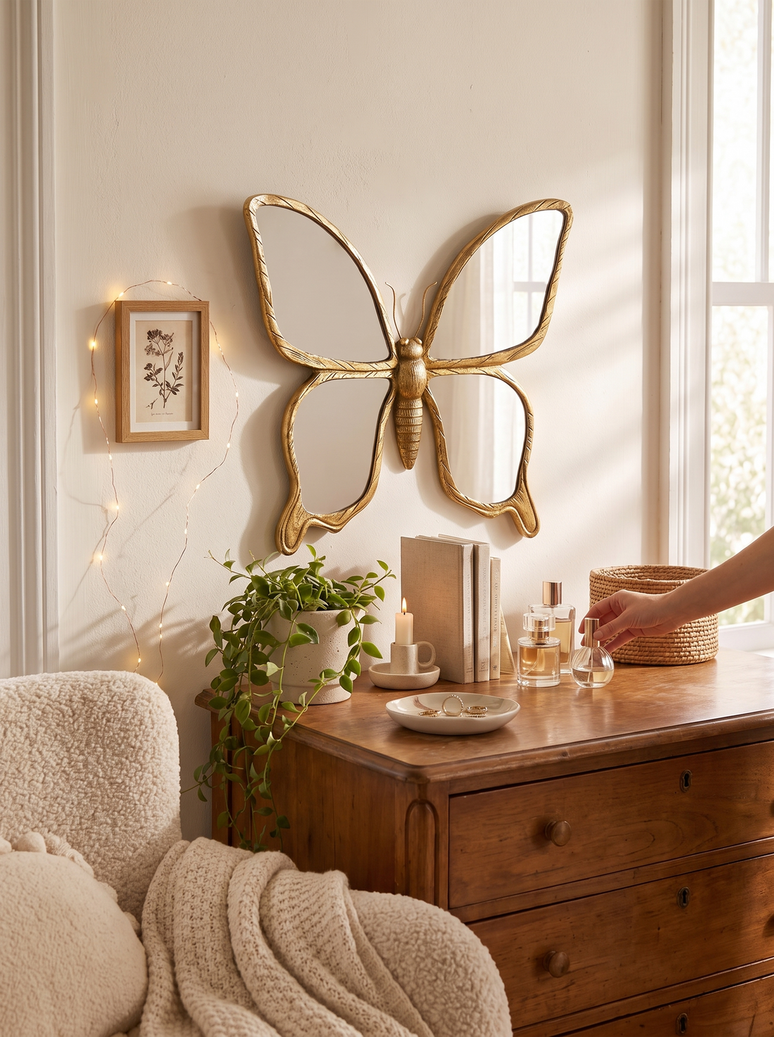A cluster of butterfly wing wall mirrors arranged on a plain wall