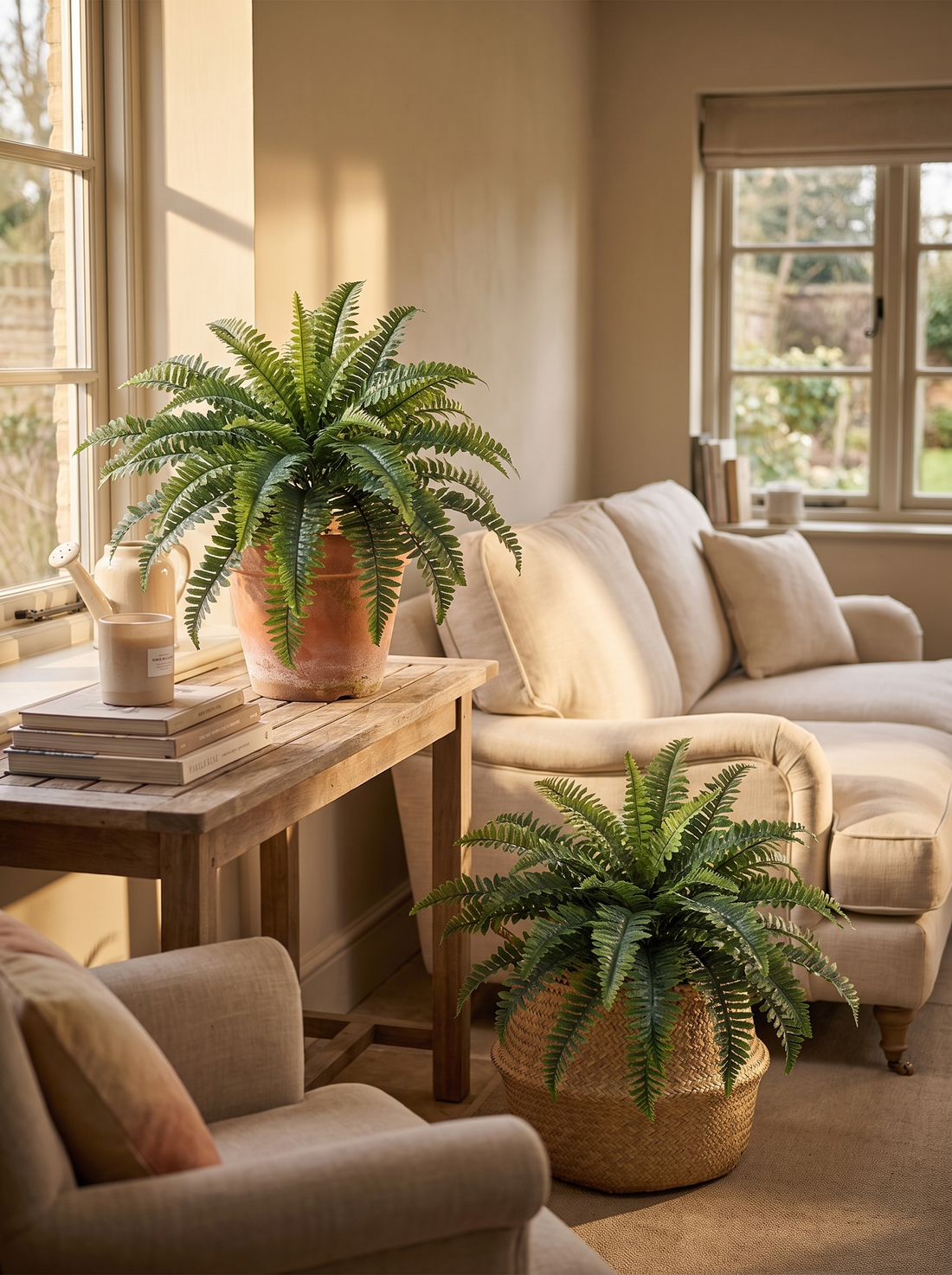 Artificial Boston fern in a hanging basket on a covered porch