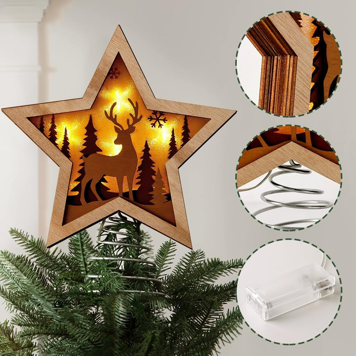 Christmas Star Tree Topper, Rustic Reindeer Wooden Tree Toppers with Warm Lights, Battery Operated LED Christmas Tree Decorations, Christmas Tree Topper Star Lighted for Indoor Home Display