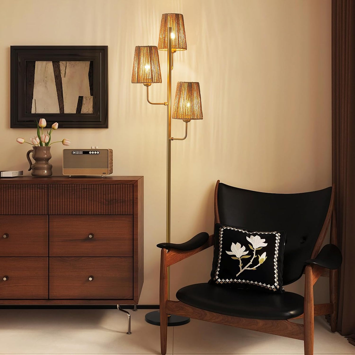 Rattan Floor Lamp for Living Room:3 Light Boho Floor Lamp for Bedroom, Gold Standing Lamp with Foot Switch, Coastal Rustic Tall Lamp, No Bulb