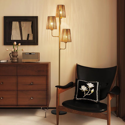 Rattan Floor Lamp for Living Room:3 Light Boho Floor Lamp for Bedroom, Gold Standing Lamp with Foot Switch, Coastal Rustic Tall Lamp, No Bulb
