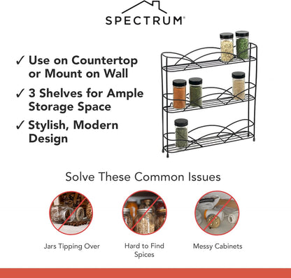 Spectrum 3 Tier Spice Rack Organizer Black Countertop Wire Shelf Spice Rack for Modern Kitchen Pantry Cabinet, Organize Spices with Three Tier Spice Shelf for Kitchen Storage with Wall Mount Option