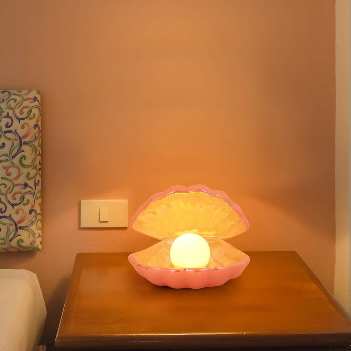 Shell Pearl Light, LED Ceramic Pearl in Shell Night Light Desktop Portable Ocean-Inspired Seashell Lamp for Bedroom Home Decor, Pink