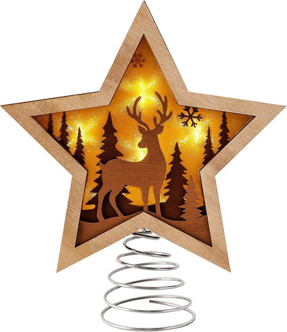 Christmas Star Tree Topper, Rustic Reindeer Wooden Tree Toppers with Warm Lights, Battery Operated LED Christmas Tree Decorations, Christmas Tree Topper Star Lighted for Indoor Home Display