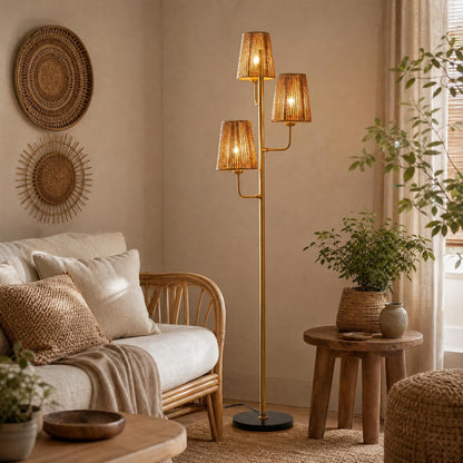 Rattan Floor Lamp for Living Room:3 Light Boho Floor Lamp for Bedroom, Gold Standing Lamp with Foot Switch, Coastal Rustic Tall Lamp, No Bulb