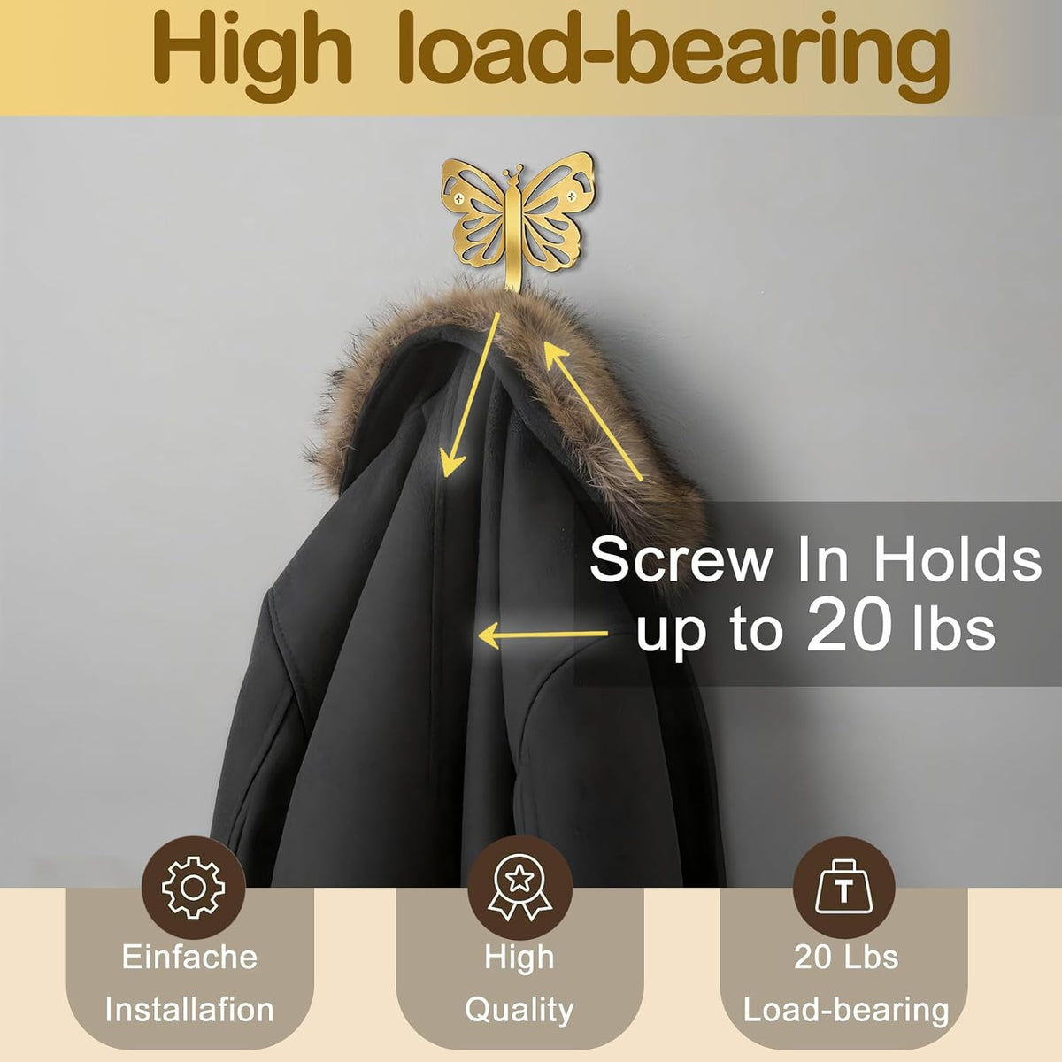 Butterfly Heavy Duty Robe & Towel Hooks for Wall – 20LB Gold Brushed Towel Hooks for Bathrooms , Towel/Coat Hooks for Wall,For Outdoor, Closet, Door, Bathrooms, for Backpack, Robe，Wreath (2, Gold)