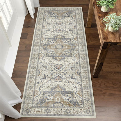 2X6 Non-Slip Washable Kitchen Vintage Runner Rug, Beige Blue