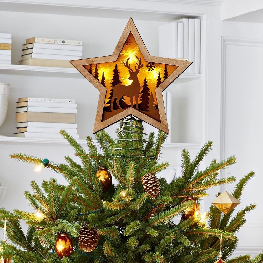 Christmas Star Tree Topper, Rustic Reindeer Wooden Tree Toppers with Warm Lights, Battery Operated LED Christmas Tree Decorations, Christmas Tree Topper Star Lighted for Indoor Home Display