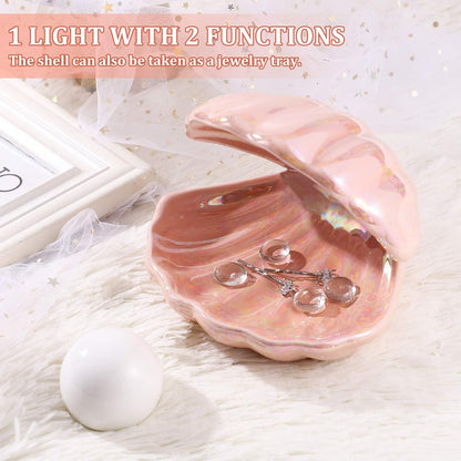 Shell Pearl Light, LED Ceramic Pearl in Shell Night Light Desktop Portable Ocean-Inspired Seashell Lamp for Bedroom Home Decor, Pink