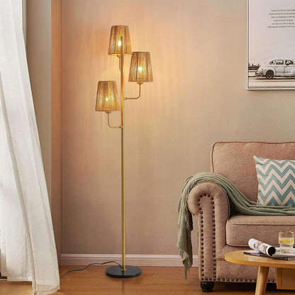 Rattan Floor Lamp for Living Room:3 Light Boho Floor Lamp for Bedroom, Gold Standing Lamp with Foot Switch, Coastal Rustic Tall Lamp, No Bulb