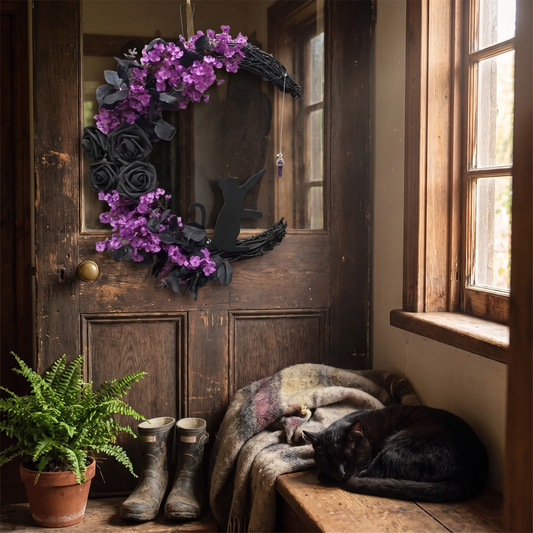 Halloween moon wreath on front door
