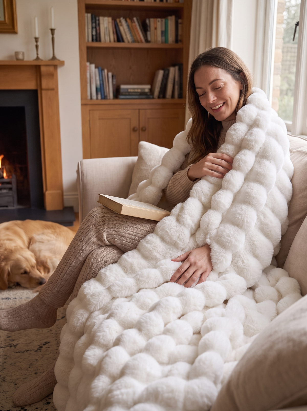 Bubble faux fur throw blanket draped on a couch, plush texture close up