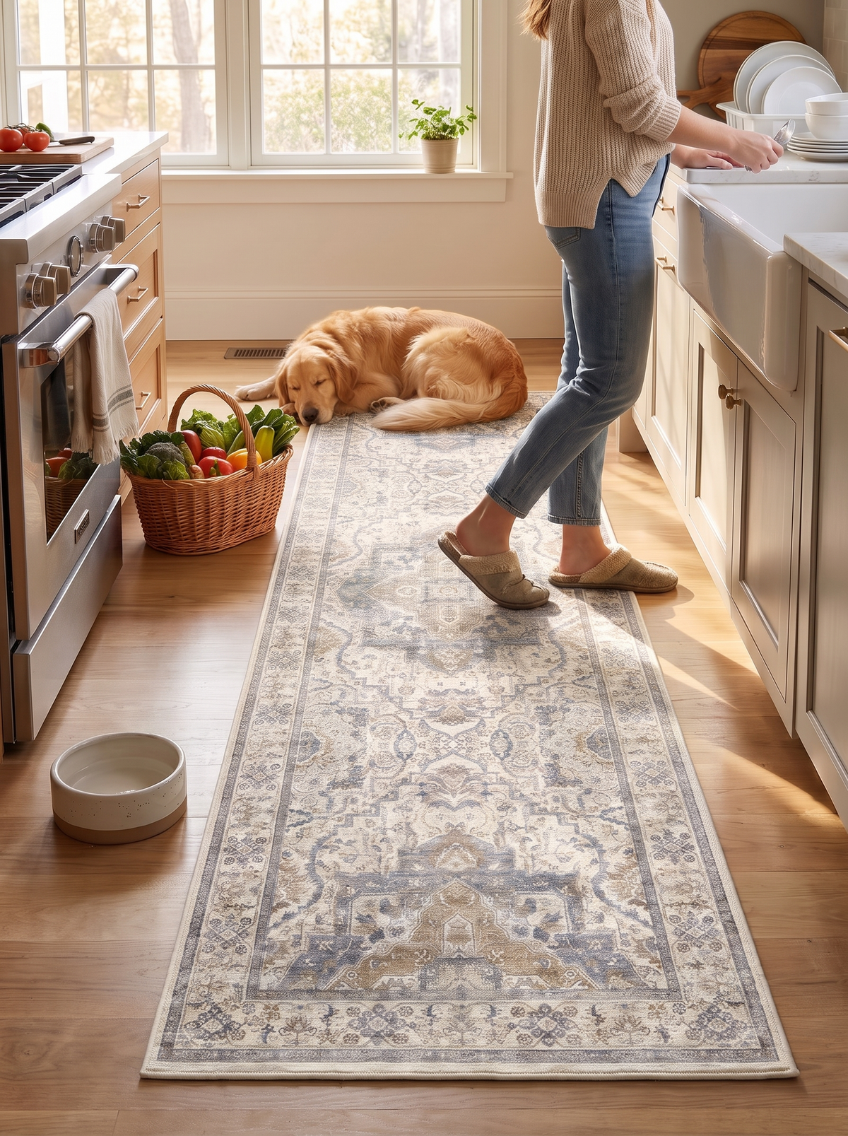 Vintage washable runner rug lying flat and gripping a hardwood floor