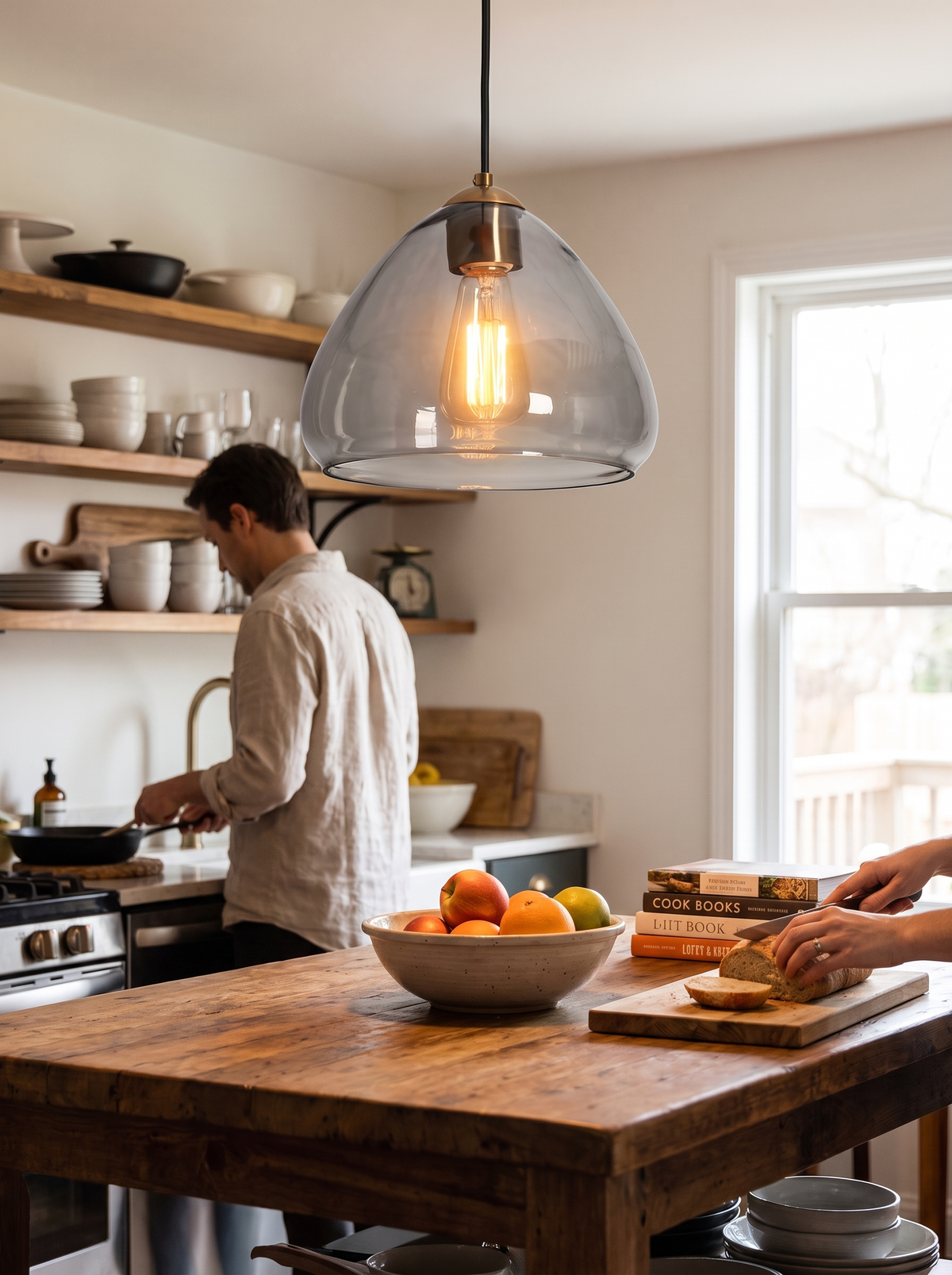 Smoke glass gold pendant light casting a warm diffused glow