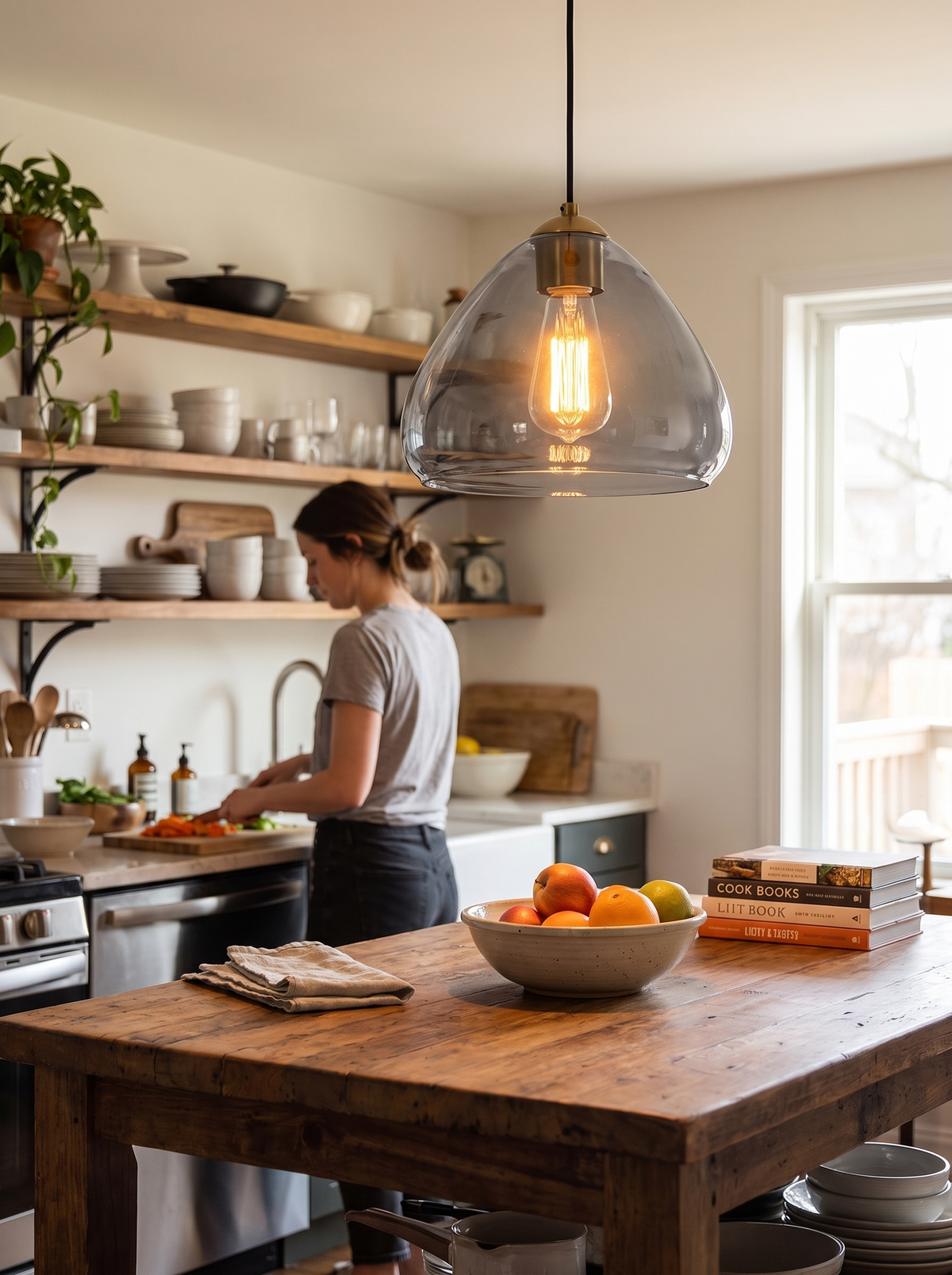 Smoke glass gold pendant light hung from a sloped ceiling