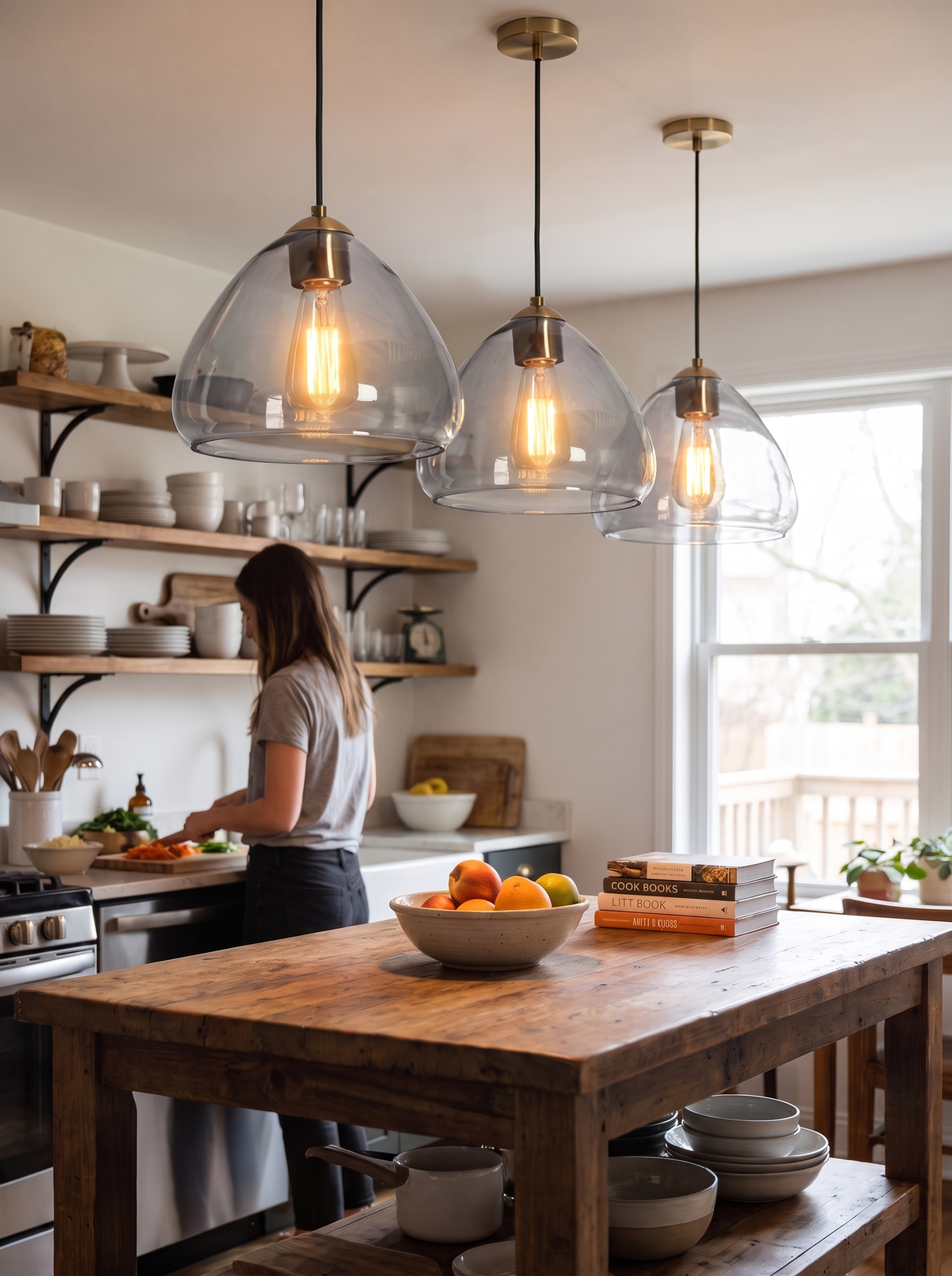 Row of smoke glass gold pendant lights over a kitchen island