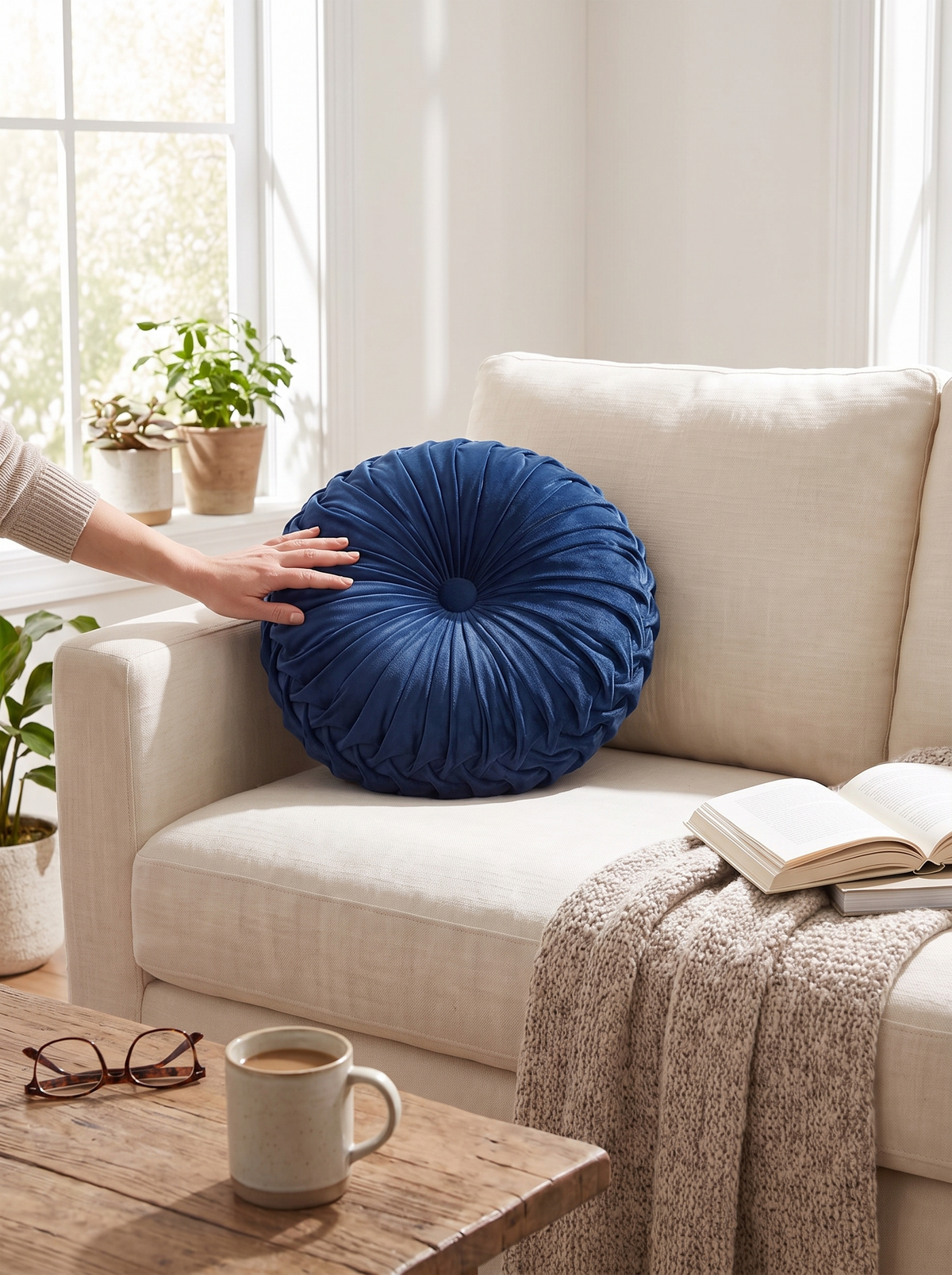 iwt-31 Round Pleated Velvet Throw Pillow lifestyle