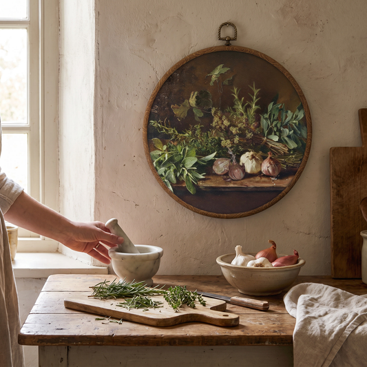 Herbs Boho Kitchen Wall Decor hung in a lived-in kitchen