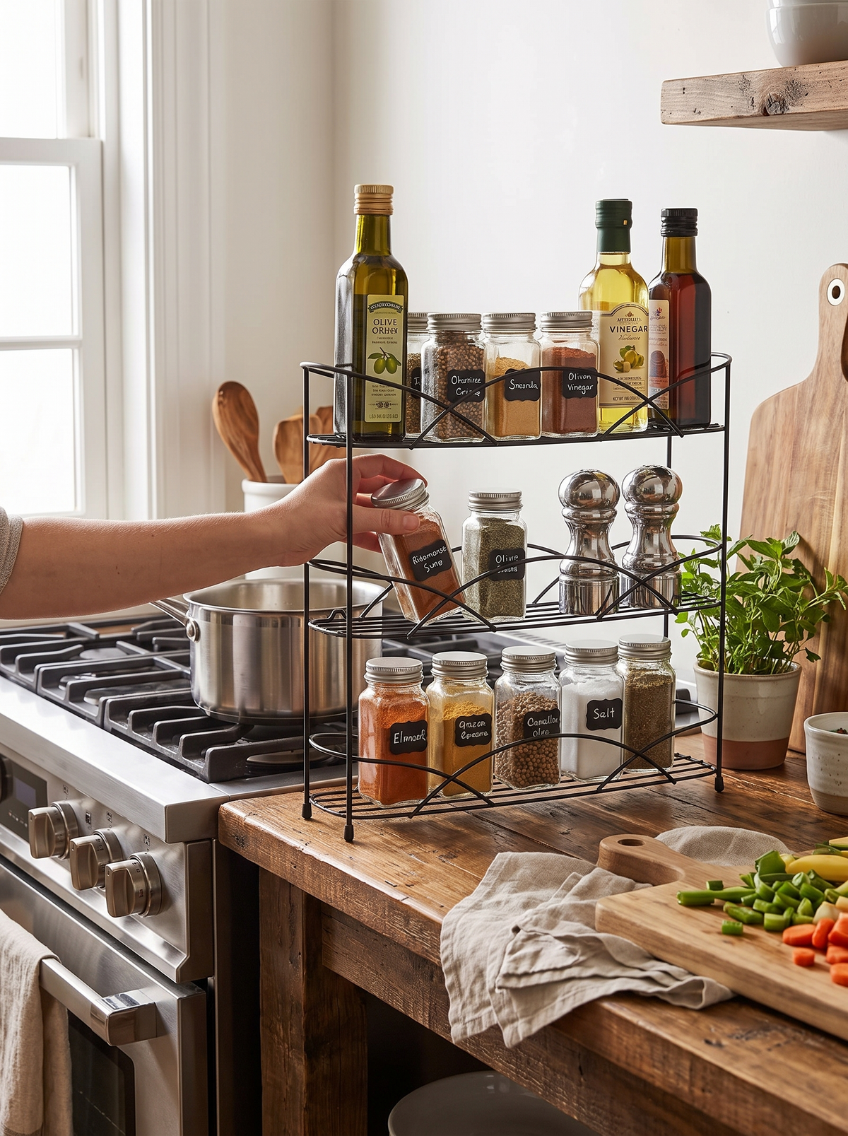 3-Tier Wire Spice Rack Organizer holding spice jars on a kitchen counter
