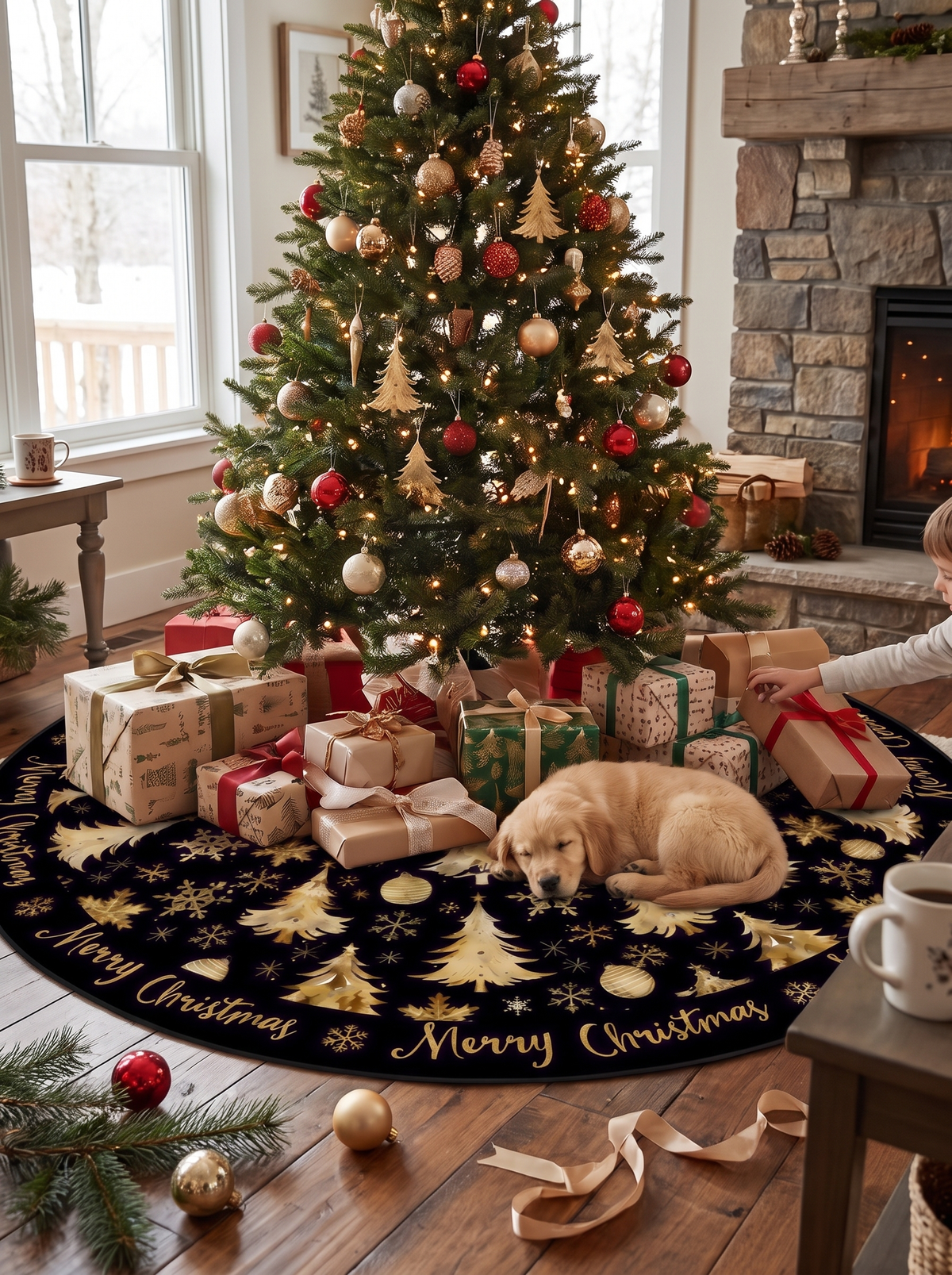 Tree skirt spread wide to cover the stand and cords