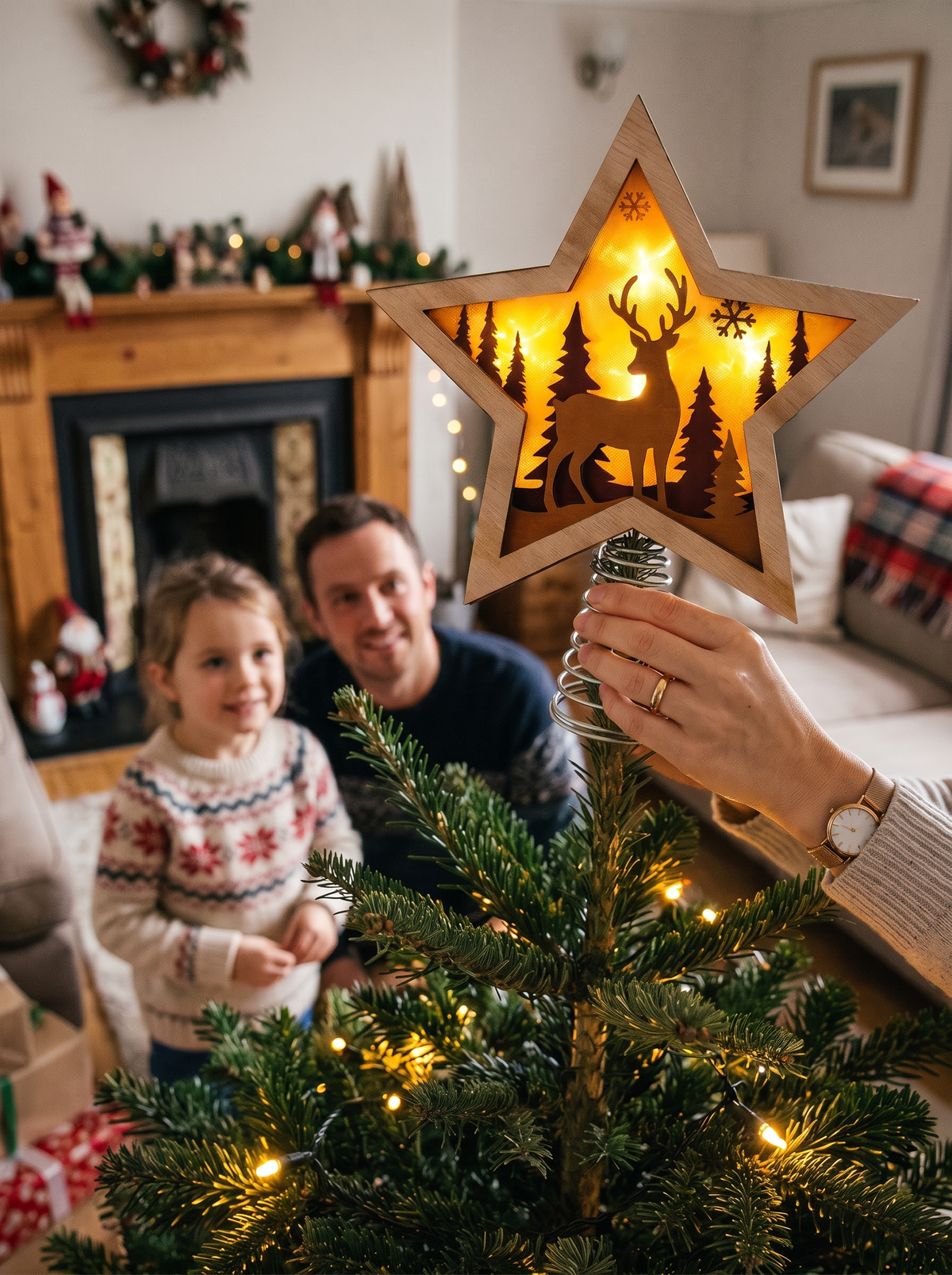 Carved wooden star tree topper showing reindeer and pine cutwork