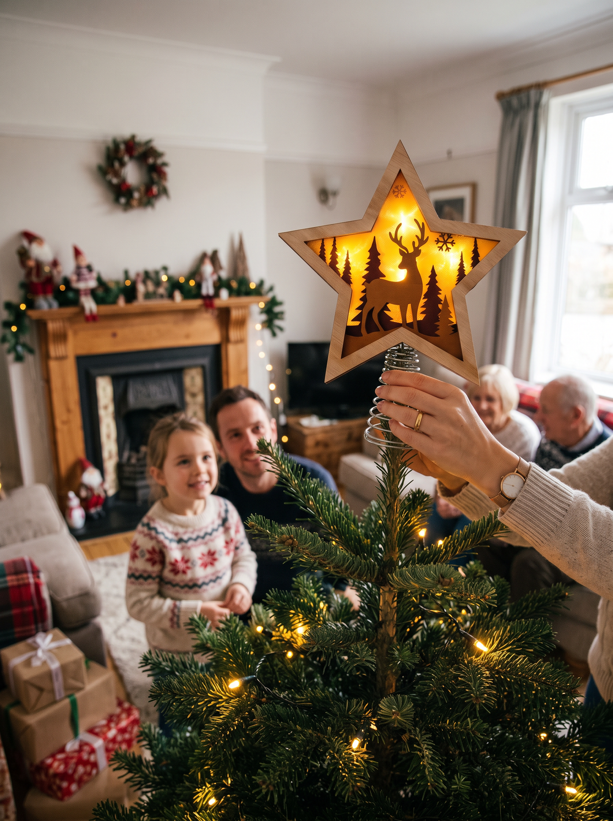 Cordless wooden star topper displayed on a mantel
