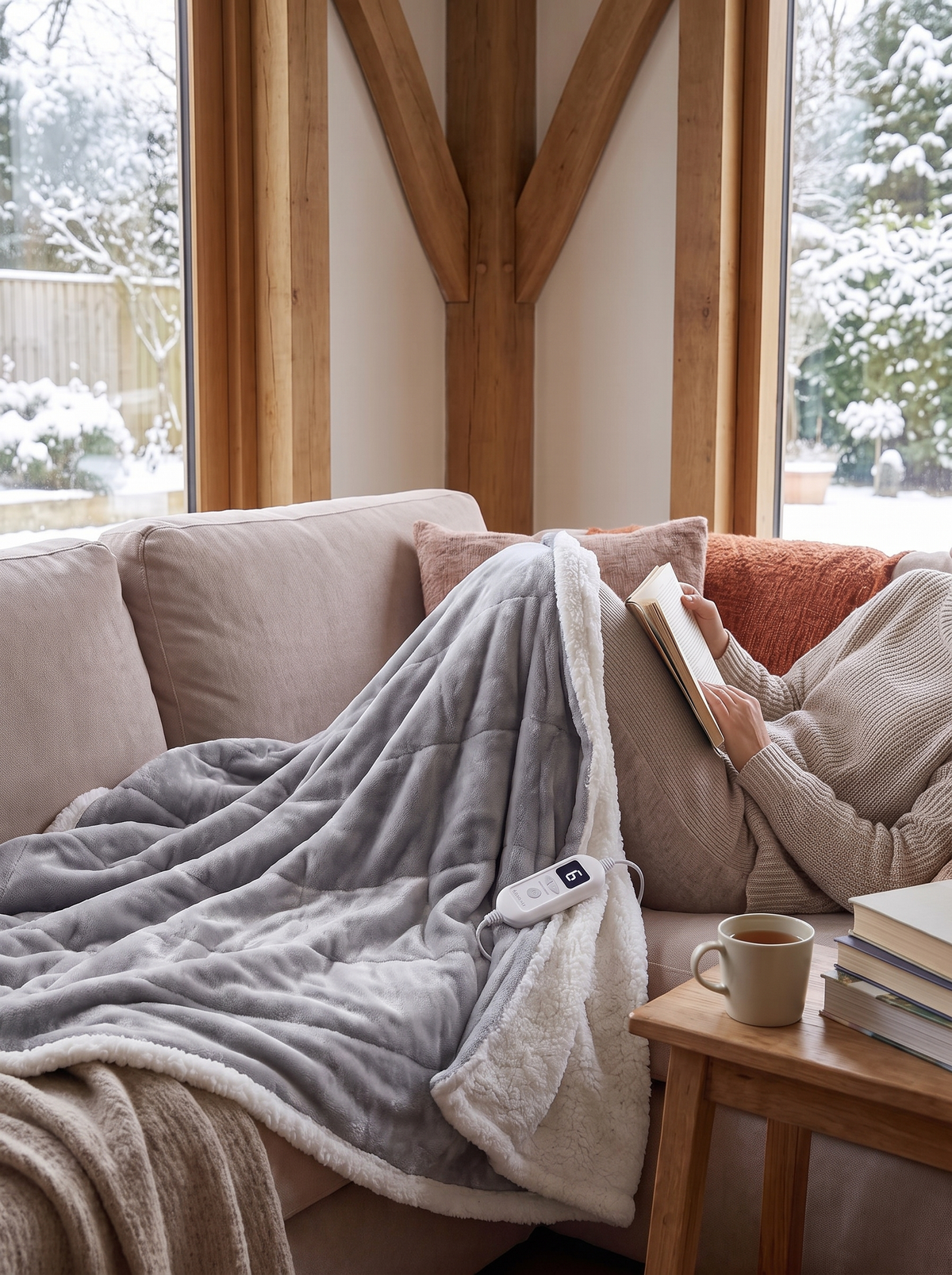 Heated Sherpa Throw Blanket 50x60 inline controller in hand